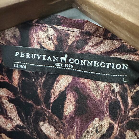 Peruvian Connection 100% Silk Leaf Print Long Sleeve Collared Tunic Size Large - Picture 9 of 13